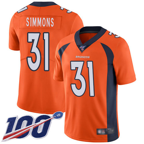 Men Denver Broncos #31 Justin Simmons Orange Team Color Vapor Untouchable Limited Player 100th Season Football NFL Jersey